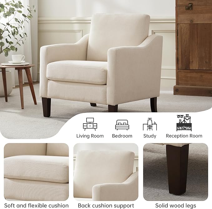 VKNOW Mid Century Modern Accent Chairs Set of 2, Upholstered Living Room Chairs Armchair for Bedroom, Comfy Reading Accent Chairs with Wood Legs for Living Room, Beige