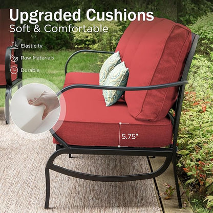 PHI VILLA 4 Piece Patio Furniture with Metal FirePit Table, 1 x 3-Seat Wide Deep Seating Bench & 2 x Swivel Sofa Chairs, 5.75" Thick Cushioned Outdoor Furniture Conversation Set for 5, Red