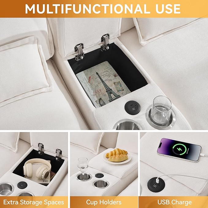 125'' U Shaped Cloud Modular Sectional Sofa with Chaise Lounges, Chenille Upholstered Comfy Couch with Storage Console, USB Charging Ports & Cup Holders, Small Deep Seat Sofa for Living Room, Beige