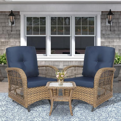 VIVIJASON 3-Piece Outdoor Patio Furniture Set, Outdoor Wicker Glider Rocking Chairs Rattan Conversation Bistro Sets w/ 2 Rattan Cushioned Chairs and Glass Top Side Table for Porch Backyard, Navy Blue