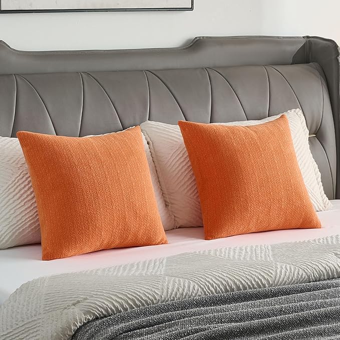 FUTEI Orange Chenille Throw Pillow Covers 12x20 Inch Set of 2,Soft Striped & Diamond Textured Lumbar Pillow Cases,Modern Home Decor for Couch Living Room
