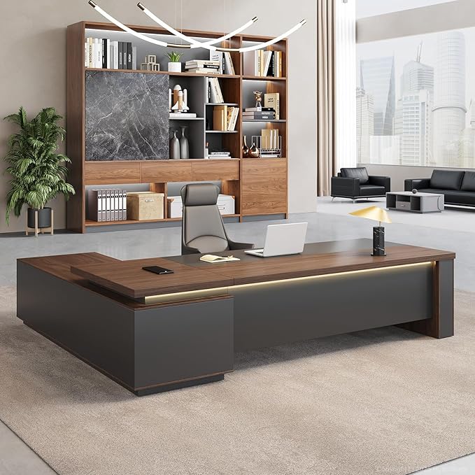 L-Shaped Executive Desk with LED Lights, Lockable Storage & 3-in-1 Charging Station, Reversible Cabinet, Modern Wood Office Desk for CEO, Manager & Home Office(Red Walnut+Black, 95"L*71"W*30"H)