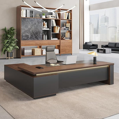 L-Shaped Executive Desk with LED Lights, Lockable Storage & 3-in-1 Charging Station, Reversible Cabinet, Modern Wood Office Desk for CEO, Manager & Home Office(Red Walnut+Black, 95"L*71"W*30"H)