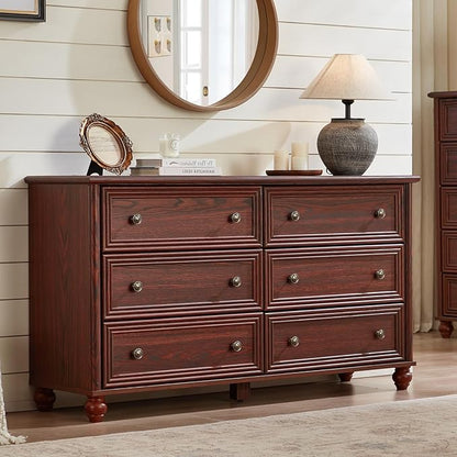 6 Drawers Dresser for Bedroom, Farmhouse 54" Wide Wood Dressers Chest of Drawers, Vintage Design TV Stand, Rustic Storage Dresser Organizer with Metal Handle Closet for Living Room, Hallway