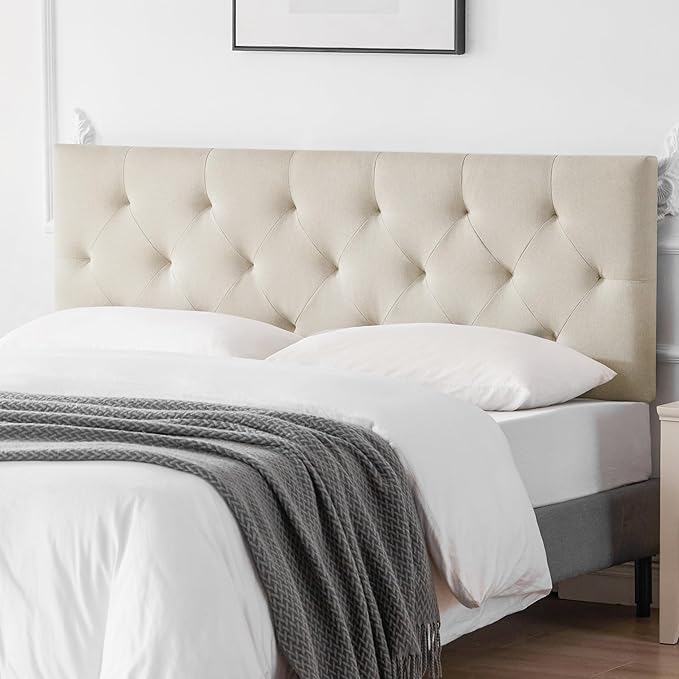 Linen Upholstered Headboard King Size, Modern Diamond Tufting Solid Wood California King Headboard Only, Adjustable Height from 37” to 51” Head Board, Bed Frame or Wall Mount Headboards, Beige