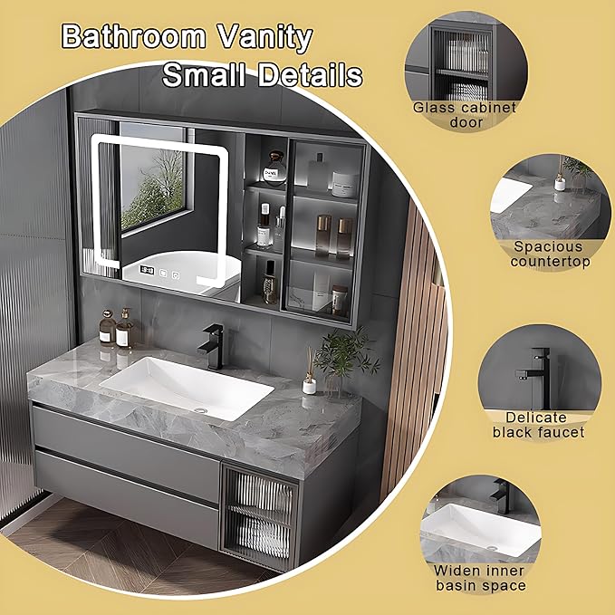 Gray 36IN Modern Bathroom Vanity - Wall-Mounted Bathroom Storage Cabinet & Bathroom Vanity with Sink, Bathroom Medicine Cabinet Wall Mounted, Defogging & Led Lighting | Bathroom Cabinet Slim