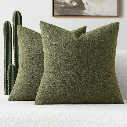 FUTEI Pack of 2 Moss Green Decorative Throw Pillow Covers 20x20 Inch Soft Cozy Solid Boucle Textured Cushion Case,Modern Home Decor for Couch Bed Living Room