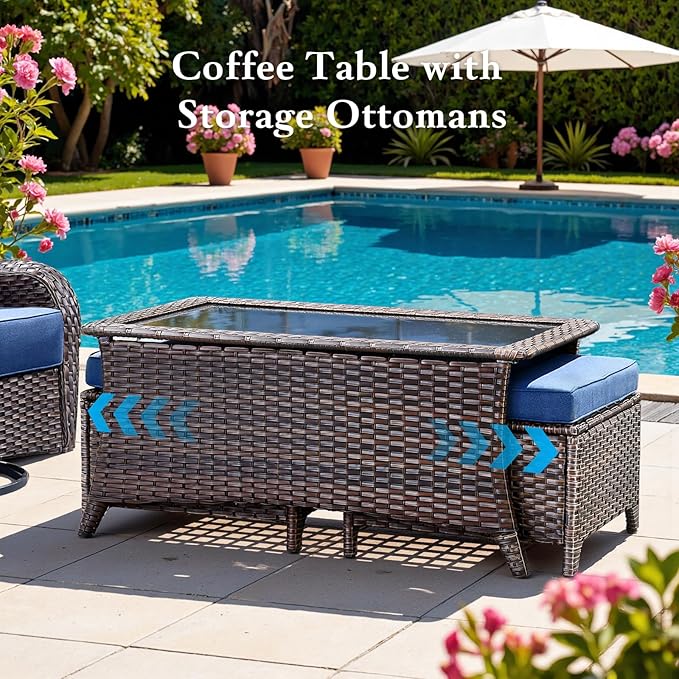 Belord Luxury 6" Thick Cushioned 10 Pieces Patio Furniture Set with Outdoor Couch, Wicker Outdoor Conversation Set with High Back Swivel Rocker Chairs for Deck Porch Yard and Poolside - Brown+Blue