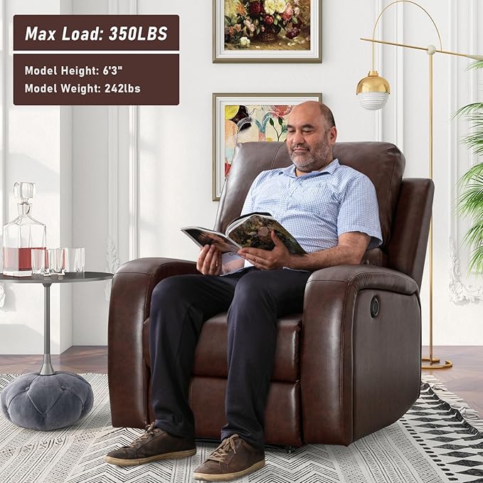 Electric Recliner Chair, Soft PU Leather Power Recliners with Padded Backrest, Single Overstuffed Heavy Duty Reclining Sofa for Living Room Bedroom, Brown