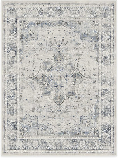 RUGGABLE Washable Vintage Area Rug – Sarrah Blue Quartz 9x12, Stain-Resistant, Non-Slip – Large Machine Washable Rugs for Living Room, Bedroom, Hallway, Entryway & Office–with Cushioned Pad