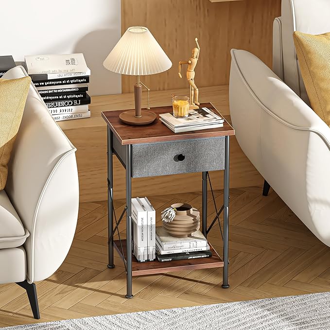VECELO Modern Versatile Nightstands X-Design Side End Table Night Stand Storage Shelf with Bin Drawer for Living Room Bedroom, Set of 2 (Brown)