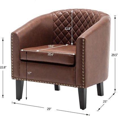 KINWELL 29" W Faux Leather Barrel Chairs Set of 2, Modern PU Upholstered Tufted Club Chairs with Nailhead Trim, Small Armchairs Accent Chairs for Living Room Bedroom Apartment Lounge Nursery, Brown