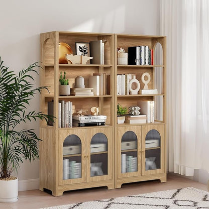 RARZOE Set of 2 Bookshelves and Bookcases, 5-Tier Arched Bookshelf with Glass Doors, Floor Standing 5 Shelf Book case, Wood Display Cabinet Storage Organizer for Living Room, Bedroom, Office(Natural)