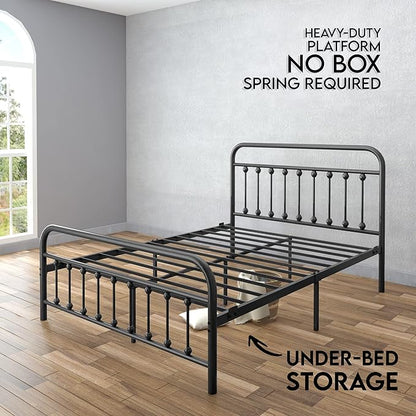 Golden Gate Beds Vintage Style Metal Bed Frame with Wrought Iron Headboard and Footboard, Classic Platform Bedframe with Storage, No Box Spring Needed, Mattress Foundation, Black, Full Size