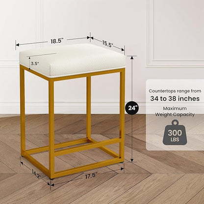 PHI VILLA White and Gold Bar Stools Set of 4-24 Inch Backless Bar Stools Metal Steel Frame Base with Footrest, Counter Height Bar stools