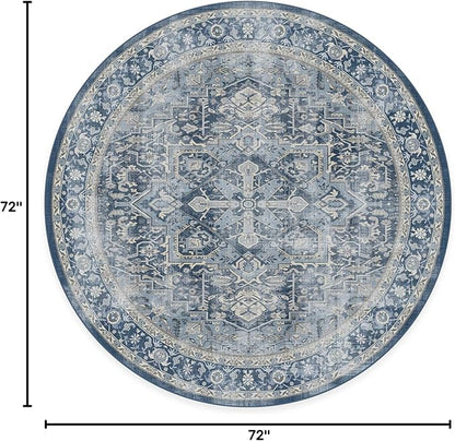 RUGGABLE Washable Area Rug – Kamran Admiral Blue 6 ft Round, Stain-Resistant, Non-Slip – Medium Machine Washable Rugs for Living Room, Bedroom, Hallway, Entryway & Office–with Cushioned Pad