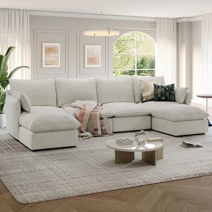 124" Cloud Modular Sectional Sofa, Waterproof Down Filled Sectional Couch, High Backrest U Shaped 4 Seater Couch with 2 Ottomans, Modern Modular Sofas with Removable Cover, Cream White