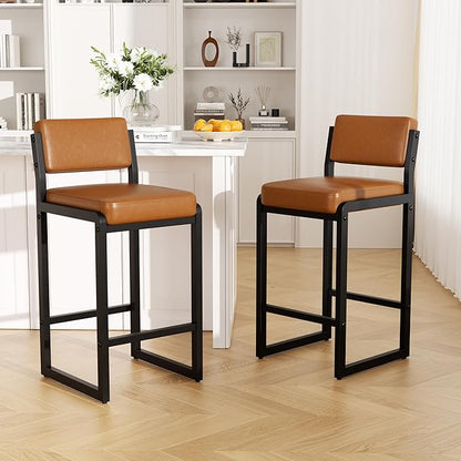 Counter Stools Set of 4, Faux Leather Bar Height Stools with High Back and Metal Legs, Upholstered Bar Chairs, 26" Modern Barstools for Kitchen Island, Caramel