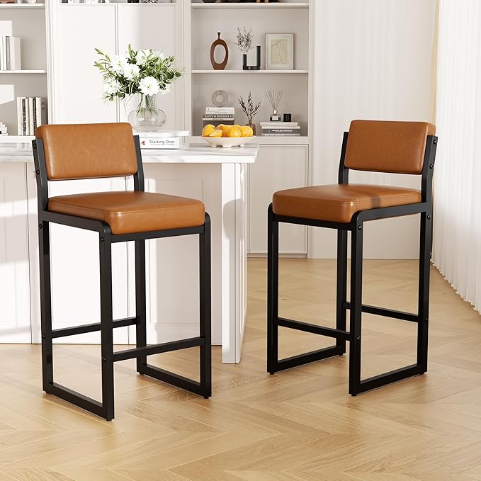 Counter Stools Set of 2, Faux Leather Bar Height Stools with High Back and Metal Legs, Upholstered Bar Chairs, 26" Modern Barstools for Kitchen Island, Caramel