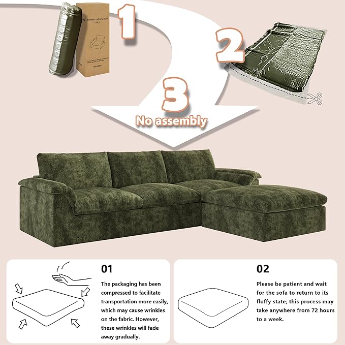 EASE MOOSE Oversized Cloud Couch Sectional Sofa, U-Shaped Modular Couch for Living Room, Minimalist Boneless Convertible Couches with Ottoman, 5-Seat Deep Sofas for Bedroom, Chenille (Green)