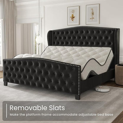 LARMACE King Size Bed Frame Velvet Upholstered Platform Bed with Wingback Headboard & Footbaord, Deep Button Tufted Bed Frame with Wood Slats Support, No Box Spring Needed, Black