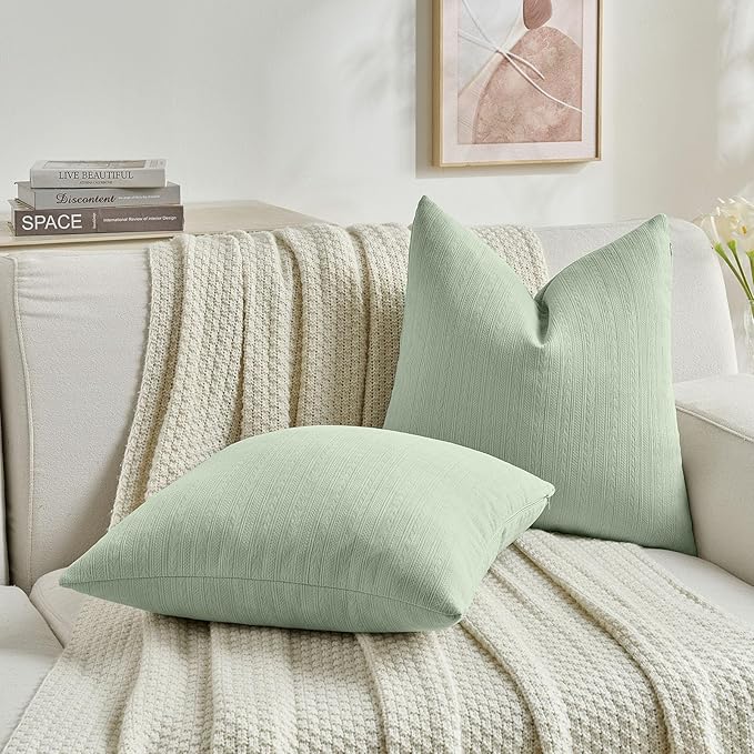 FUTEI Sage Green Decorative Throw Pillow Covers 26x26 Inch Set of 2,Soft Cozy Wheat Ear Striped Patterns Euro Pillow Shams,Modern Home Decor for Couch Bed Living Room