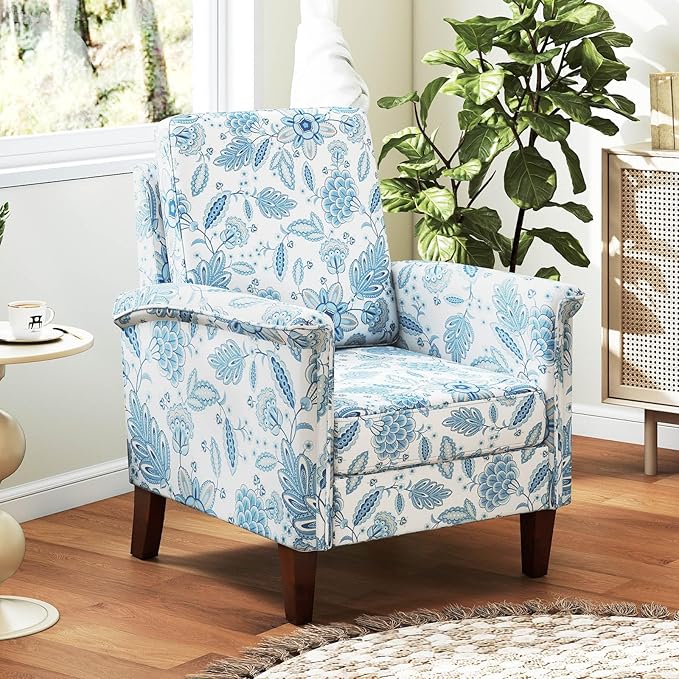GOFLAME Floral Accent Chairs Set of 2, Comfy Upholstered Armchairs with Rubber Wood Legs and Thick Padded Cushion, High Back Single Sofa Chairs, Reading Side Chairs for Living Room, Bedroom, Blue