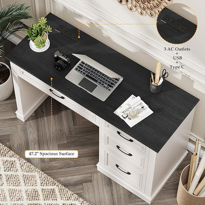 Vabches Farmhouse 47" Executive Desk, Computer Desk with Drawers and File Drawer, Workstation Computer Desk with Charging Station for Home Office, Study,（Black