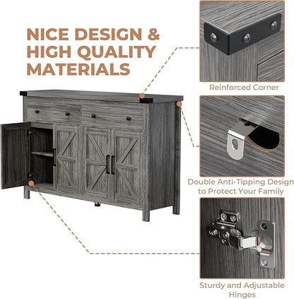 55" Sideboard Buffet Cabinet with Storage, Coffee Bar Cabinet with 2 Drawers and 4 Barn Doors, Long Storage Cabinet Modern Farmhouse, Grey Wood, for Kitchen, Dining Room, Living Room