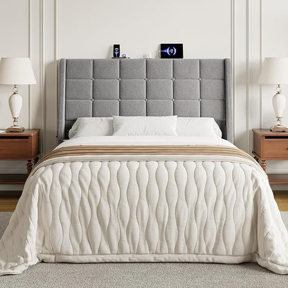 Full Size Headboard with Charging Station, Ergonomic Upholstered Linen Headboards Only, Wingback Wood Bed Head Board with Storage Pocket, Bed Frame Adapters, Light Grey