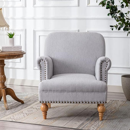 Linen Accent Chairs Set of 2 Mid-Century Modern Living Room Armchair with Nailhead Trim & Wood Legs Comfy Upholstered Single Sofa Chair for Lounge/Bedroom/Reception, Grey