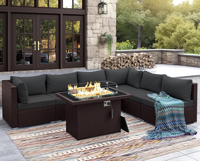NICESOUL 7 Piece Large Size Outdoor Patio Furniture Set with Fire Pit, 29.3'' High Back Deep Seat Sectional Conversation Sets, Heavy Duty Modern Backyard Sitting, Brown Rattan and Dark Grey Cushion