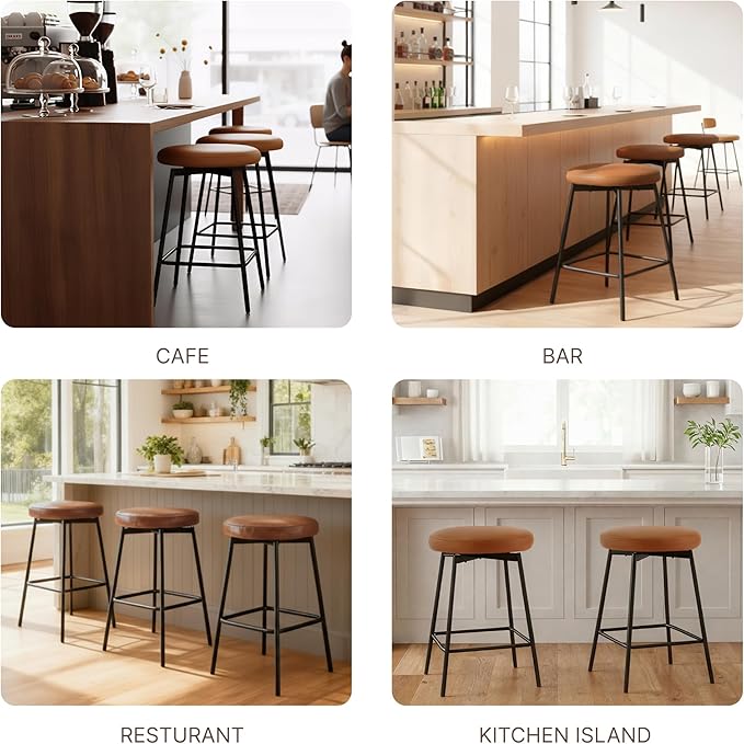 Swivel Bar Stools Set of 6, 24" Counter Height Bar Stool, Backless Barstools with Faux Leather Upholstered Seat&Sturdy Wood Legs for Kitchen Island, Beige