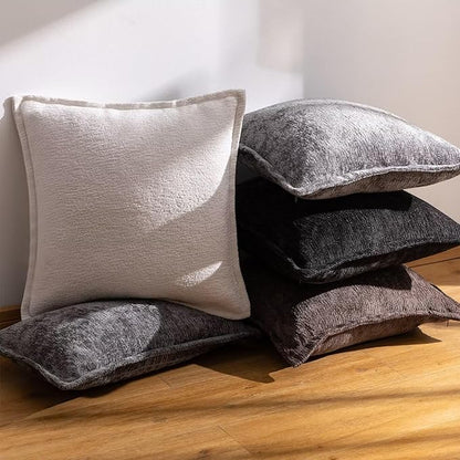 Black Decorative Throw Pillow Covers 20x20 Inch Set of 2 Cozy Soild Chenille Cushion Cases Soft Textured Square Couch Pillows Cover Boho Accent Farmhouse Pillowcases for Sofa Bed