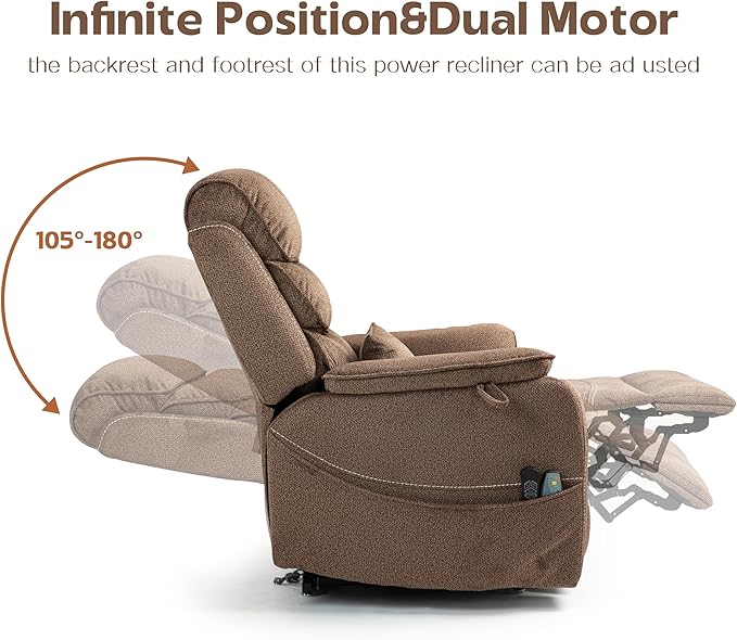 Power Lift Recliners Chairs for Elderly Adults Lay Flat Recliner with Heat & Massage, Wireless Charging Device, USB Ports, Cup Holder, Lumbar Pillow, 400Lbs (Grainy Fibric,Caramel Brown)
