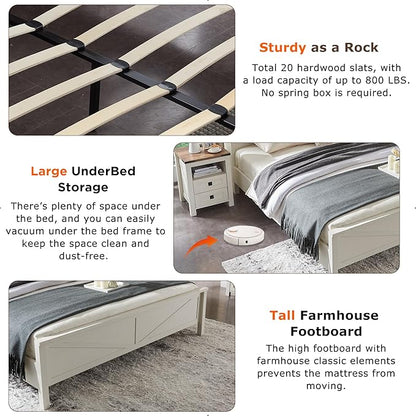 T4TREAM Farmhouse Full Size Bed Frame w/Storage Bookcase Headboard, Sliding Barn Door, Charging Station, Rustic Wood Platform Bed w/Wood Slats Support, No Box Spring Needed, Antique White