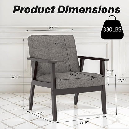 Modern Accent Chair with Arm Rest, Upholstered Linen Fabric Leisure Chair Comfy Side Chair with Backrest Button and Wooden Frame for Living Room Bedroom Reading(Gray)