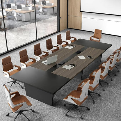 Modern Conference Table with Cable Management, Thickened Top & Trapezoidal Legs – Office Meeting Table for Executive Workspaces (Oak+Gray, 118" L