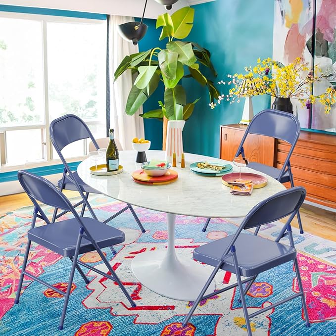 VINGLI Folding Chairs All Steel Metal Frame, Capacity 350 lbs, Durable Portable and Versatile for Indoor Outdoor Use, Darkblue, Set of 4