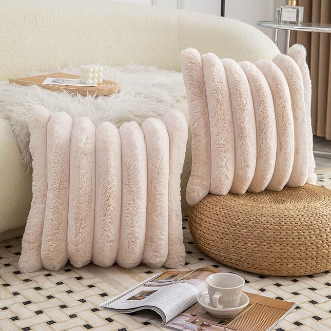 Neelvin Beige Faux Fur Cozy Soft Striped Decorative Throw Pillow Covers 24x24 inch Set of 2,Velvet Pillowcase Cushion Case for Sofa Couch