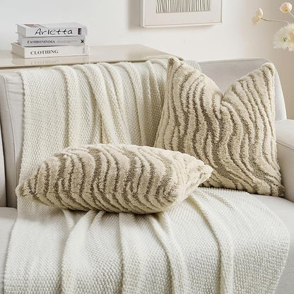 FUTEI Beige Decorative Throw Pillow Covers 22x22 Inch Set of 2,Soft Faux Fur Geometric Shapes Texture Cushion Case,Boho Home Decor for Couch Bed Living Room