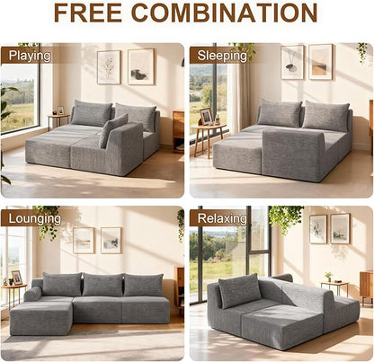 JSLOVE Modular L-Shape Sectional Sofa with Chaise, 3 Seat Movable Boneless Cloud Couch in One Box, Sofa Couch Bed with Ultra-Soft Corduroy Fabric, No Assembly Required for Living Room, Bedroom(Grey)