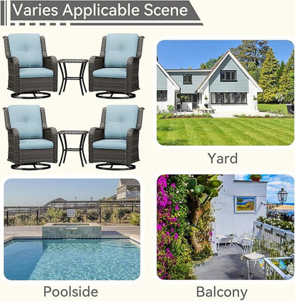 6 Pieces Outdoor Furniture Set - Patio Wicker Swivel Rocker Chair Set of 4 and 2 Side Table, Light Blue, Mixed Brown Rattan, Suitable for Porch, Yard