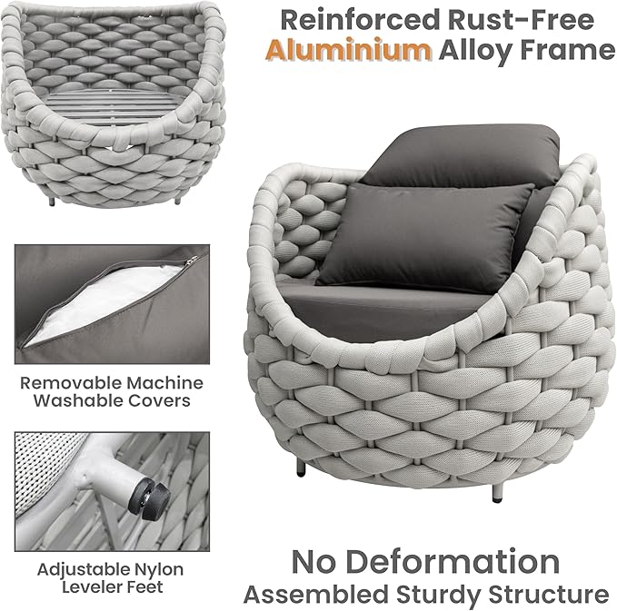Aluminum Outdoor Seating Set: 5 Pieces Woven Rope Patio Furniture Conversation Set - Modern Deck Loveseat Set Cushioned - Assembled Metal Porch Lounge Set for Yard Garden Lanai Hotel Resort Pool