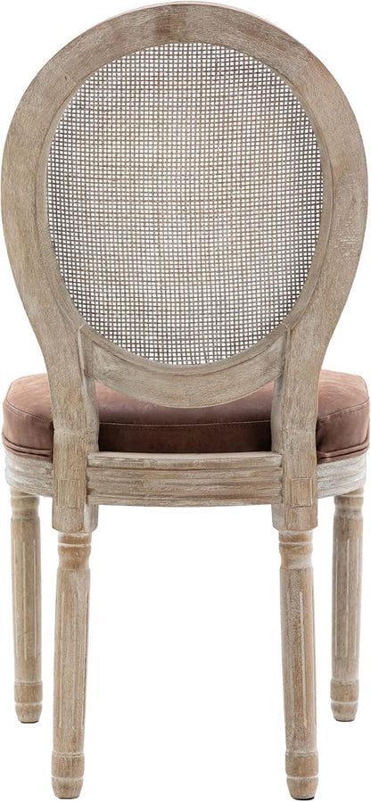 Farmhouse Leather Dining Room Chairs Set of 6 French Dining Chairs with Round Rattan Back French Bistro Chairs for Dining Room/Living Room/Kitchen/Restaurant, Brown