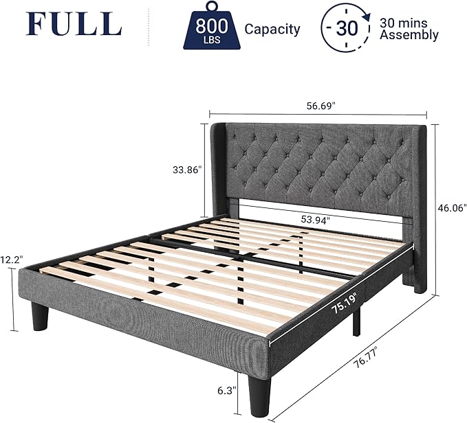 Allewie Full Size Bed Frame with Button Tufted Wingback Headboard, Modern Fabric Upholstered Platform Bed Frame with Strong Wood Slat Support, No Box Spring Needed, Easy Assembly, Dark Grey