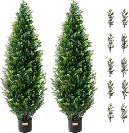 VEVOR Artificial Topiary Cedar Tree, 48 inch Tall (2 Pieces), with Extra Leaves & Pot Faux Evergreen Fake Pine Cypress Trees Plant, UV Rated Artificial Greenery Set for Home Decor Indoor/Outdoor