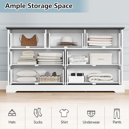7 Drawer Dresser for Bedroom, 57" Wide Wooden Chest of Drawers, Rustic Farmhouse Dresser with Large Drawers & Metal Handles, Modern Storage Organizer for Closet, Living Room, Hallway, White