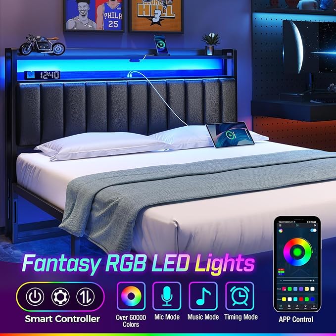 Rolanstar Headboard for Queen Size Bed with Storage, 60,000 DIY Color of LED Light, Head Board with USB, Type C Port, Height Adjustable, Black Upholstered Cabeceras de Cama Comfortable Modern, Leather