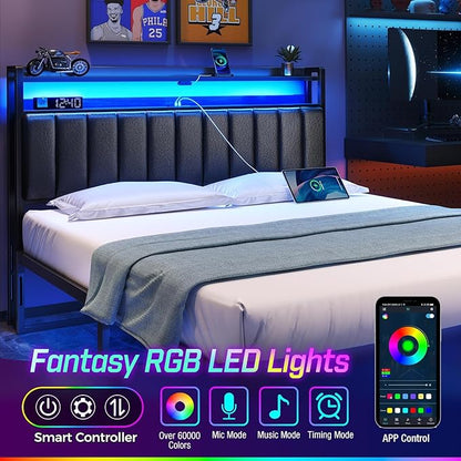 Rolanstar Headboard for Full Size Bed with Storage, 60,000 DIY Color of LED Light, Head Board with USB & Type C Port, Height Adjustable, Black Upholstered Cabeceras de Cama Comfortable Modern, Leather